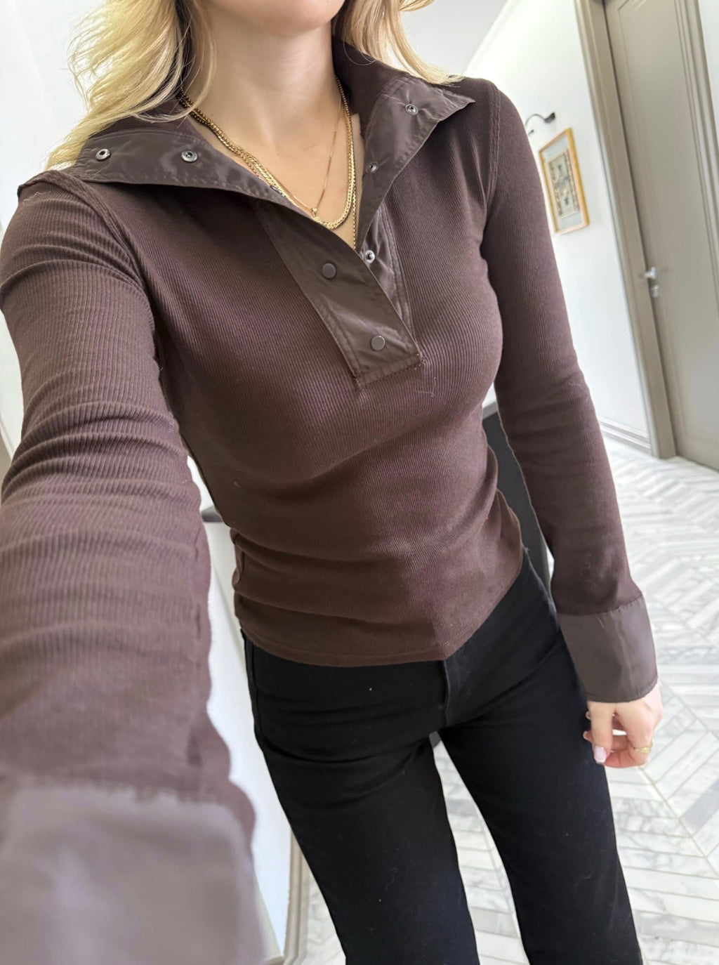 Brown + white top