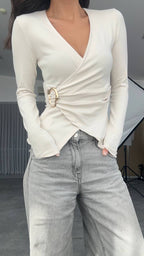 Beige / white top