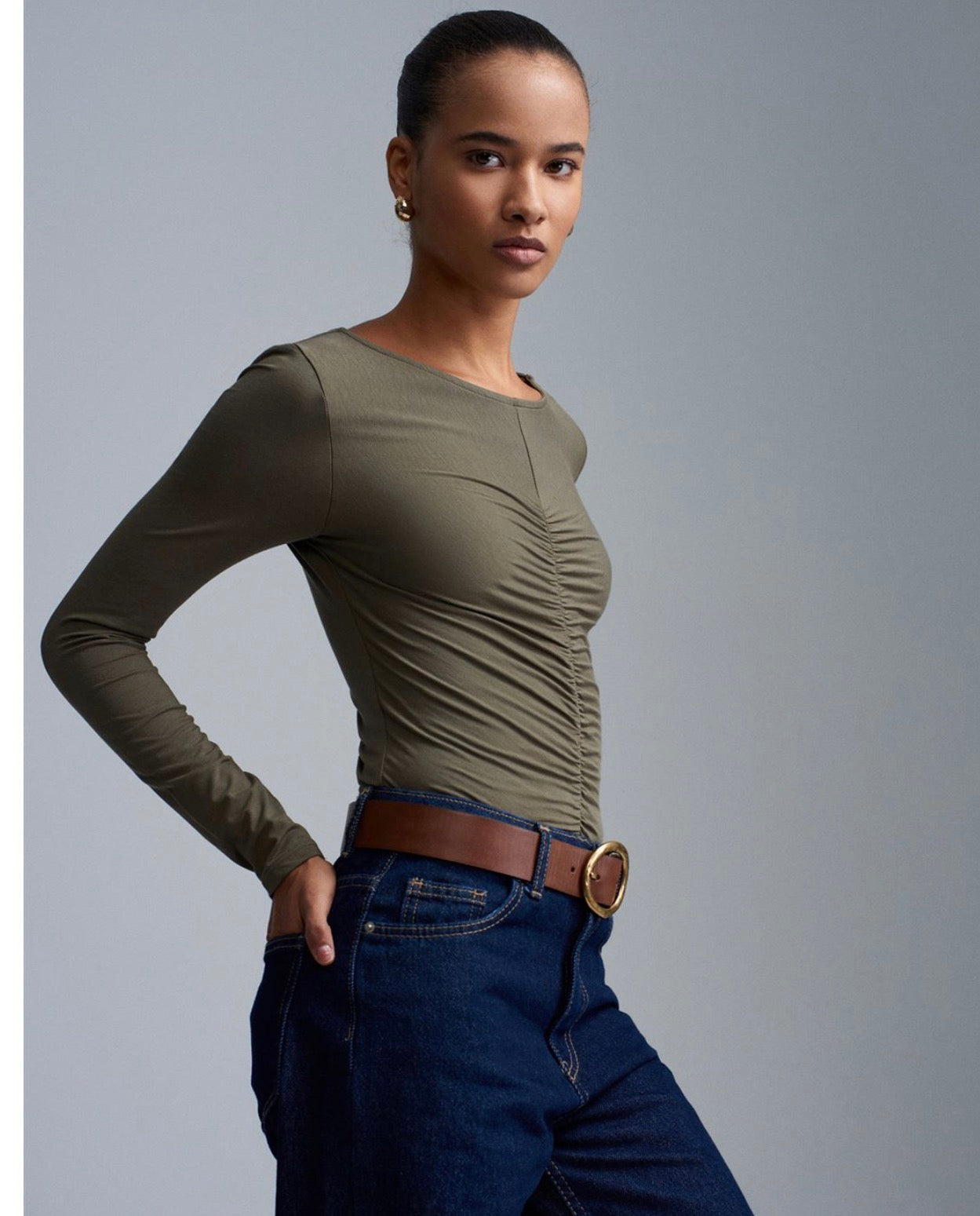 Olive green beige top