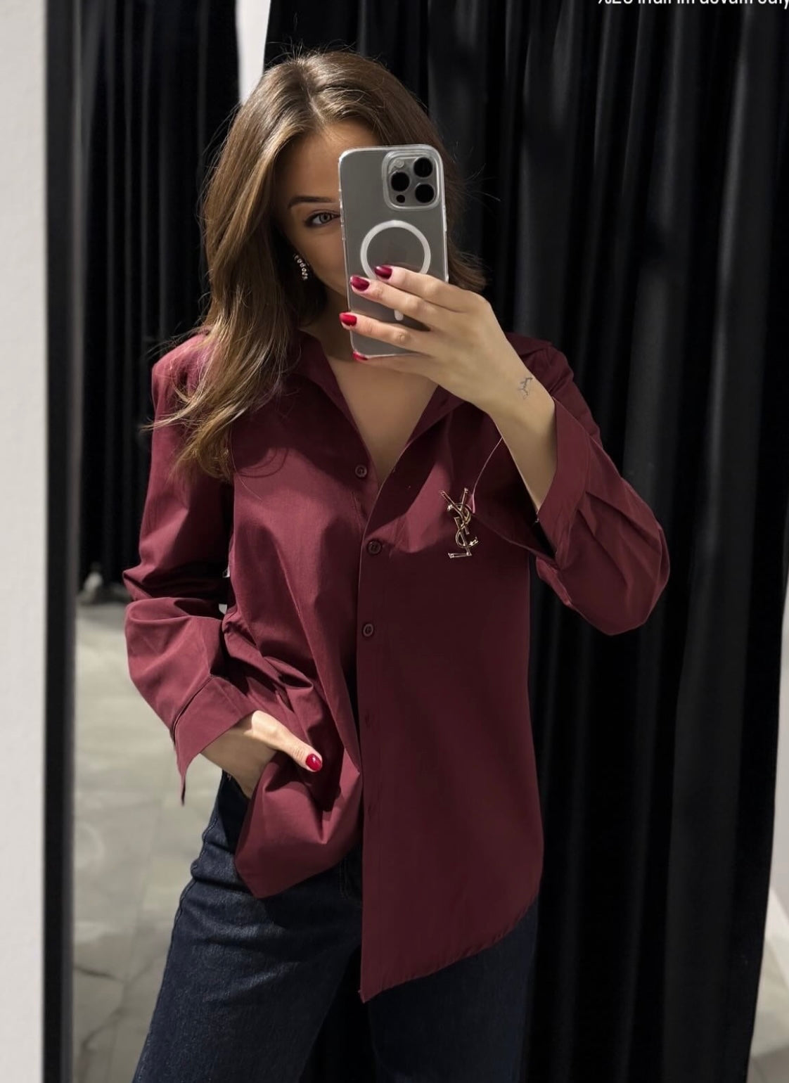 Burgundy shirt with brooch