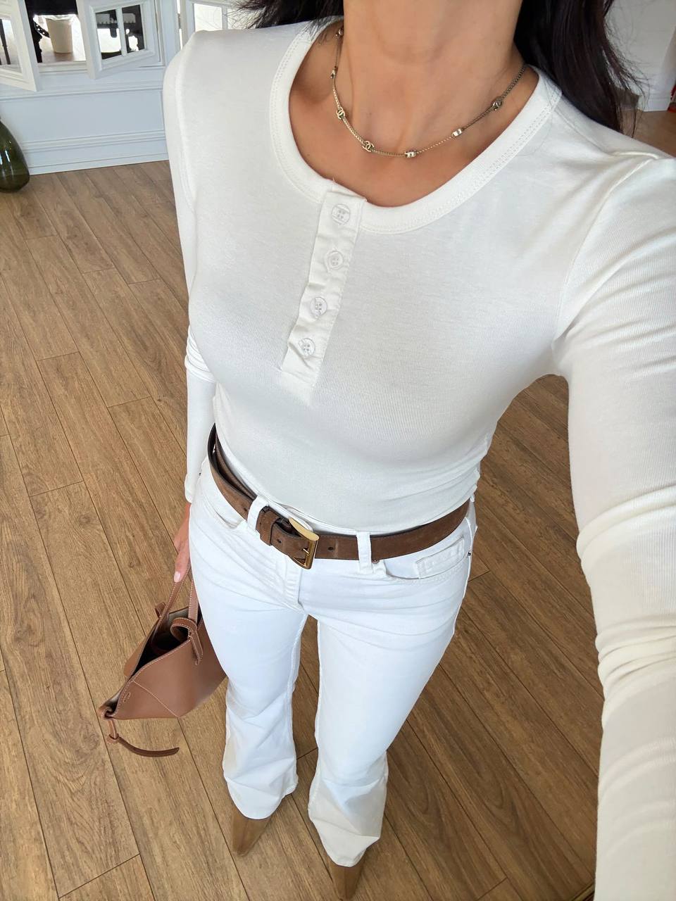 Brown/ Beige/ White top