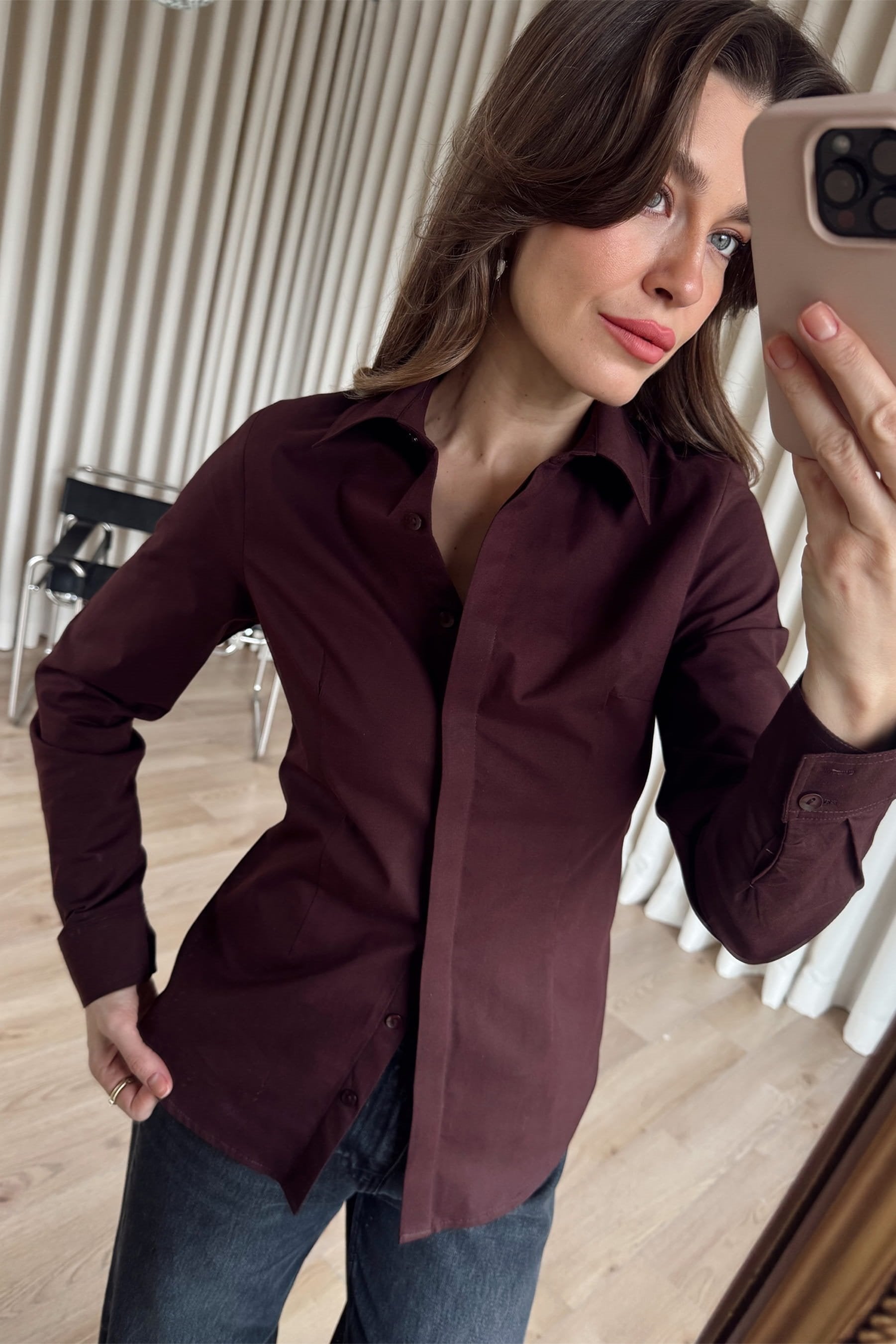 White + burgundy shirt